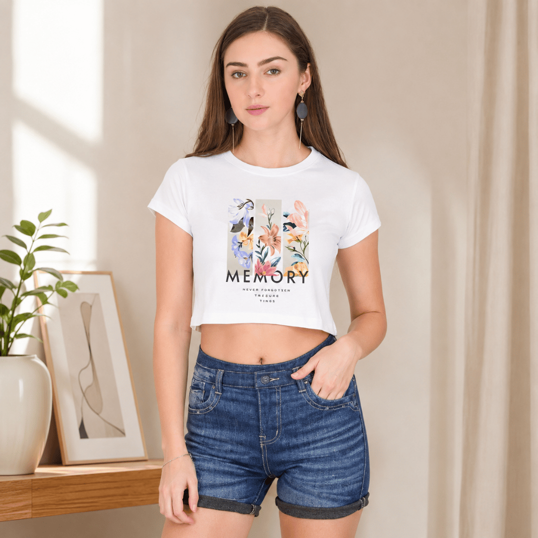 Thread Evoke Memory Floral Graphic Crop Top for Women – white front view