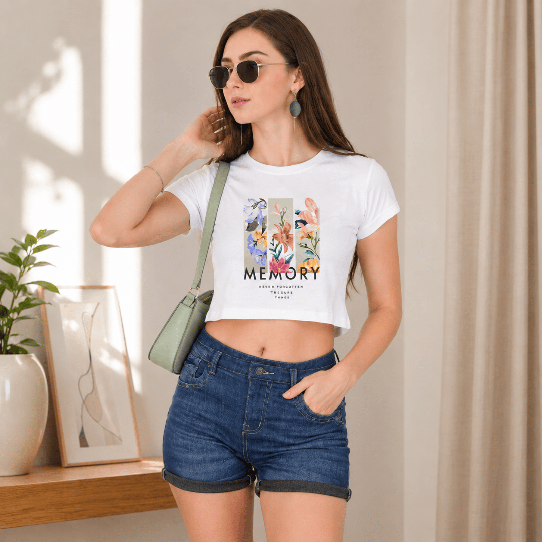 Thread Evoke Memory Crop Top styled with sage green bag – women's floral graphic tee