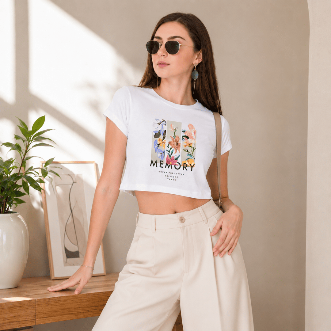 Memory Floral Graphic Crop Top with wide-leg trousers – Thread Evoke women's wear
