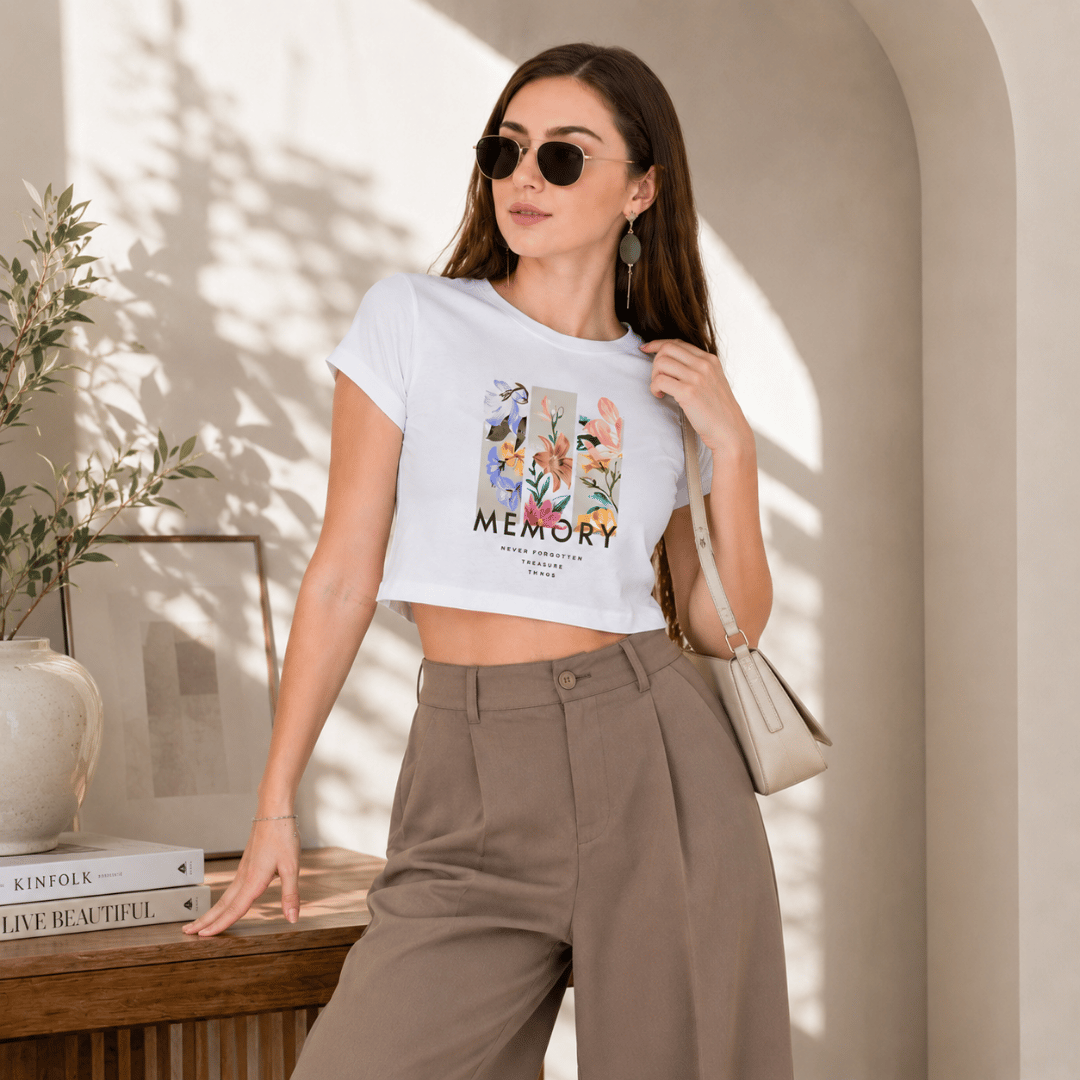 Thread Evoke Memory Print Crop Top in white – botanical graphic tee for women