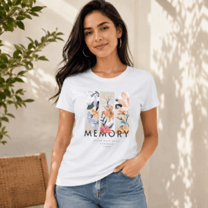 Woman wearing Memory Floral Graphic Tee outdoors – white women's printed tee by Thread Evoke