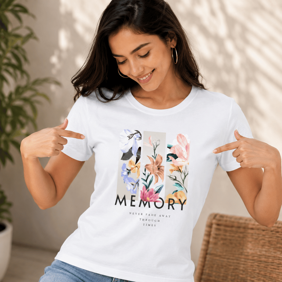 Pointing at the Memory floral panel print on white women's graphic tee – Thread Evoke
