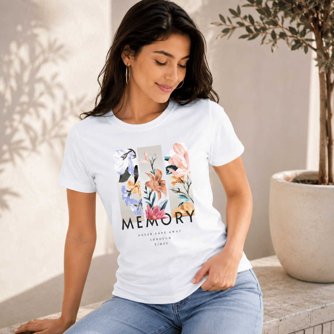 Memory Floral Graphic Tee in a relaxed outdoor setting – white women's cotton tee, Thread Evoke