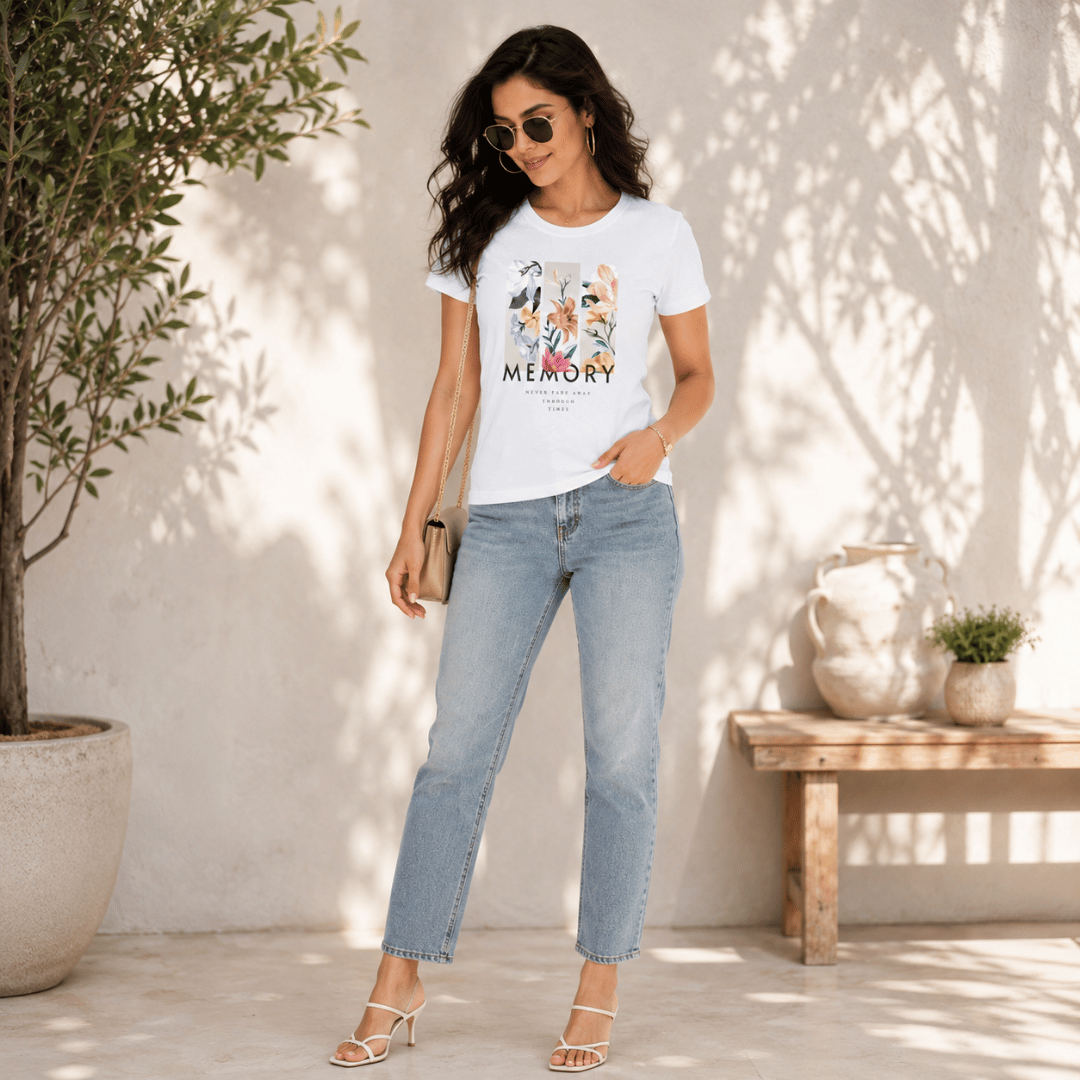 Thread Evoke Memory Floral Graphic Tee styled with light jeans and white heels – women's outfit inspo